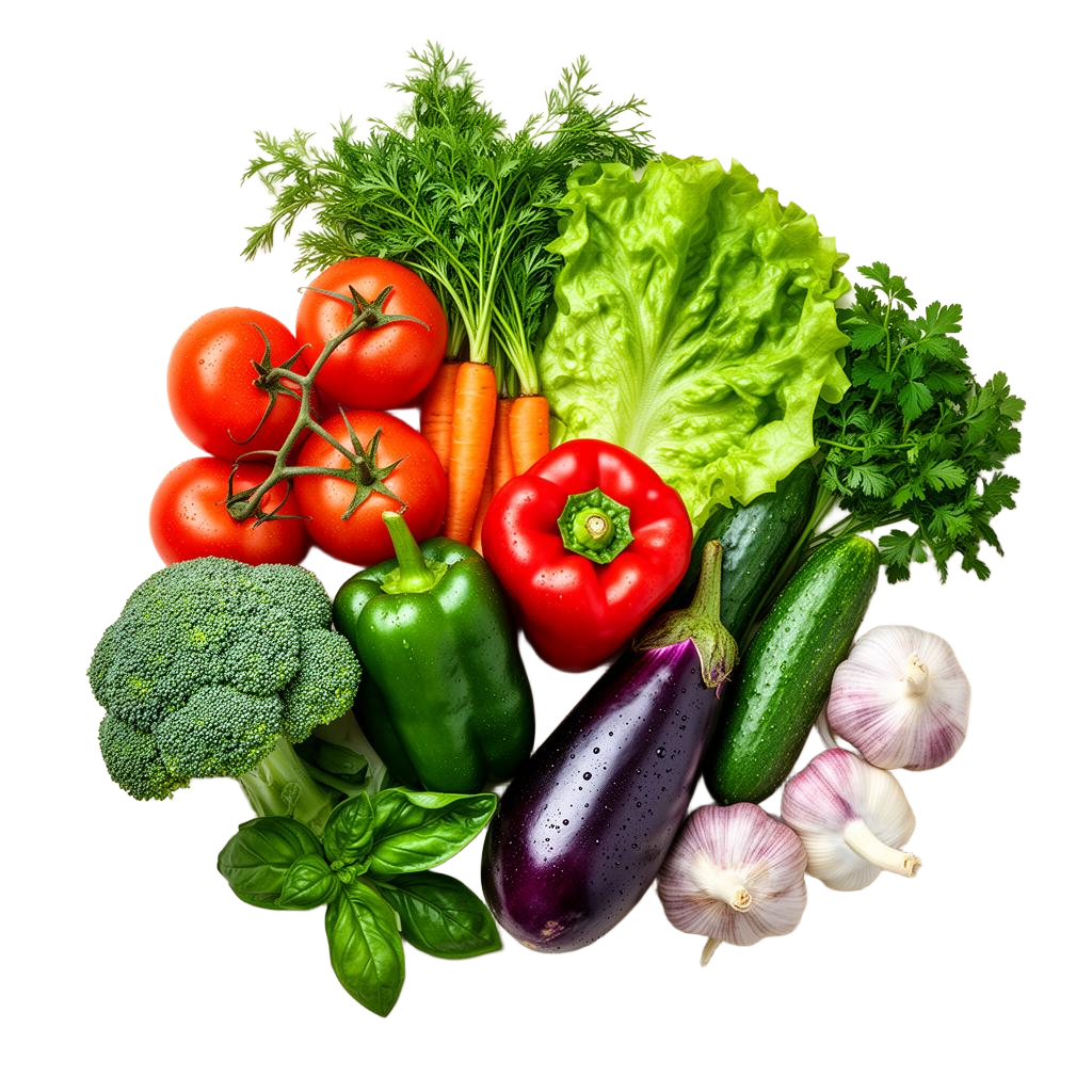 Composição de legumes frescos: tomates, pimentos, cenouras, brócolos, alface, beringela, alho e ervas